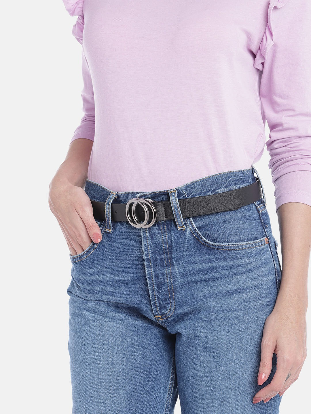 Berrylush Women Solid Black Synthetic Leather Push Pin Slim Regular Belt