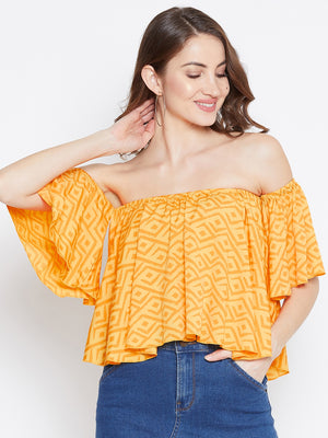 Berrylush Women Yellow & Orange Geometric Printed Off-Shoulder Pleated