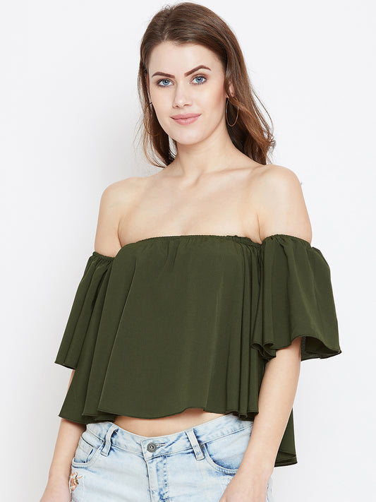 Olive Solid Bardot Top - Berrylush