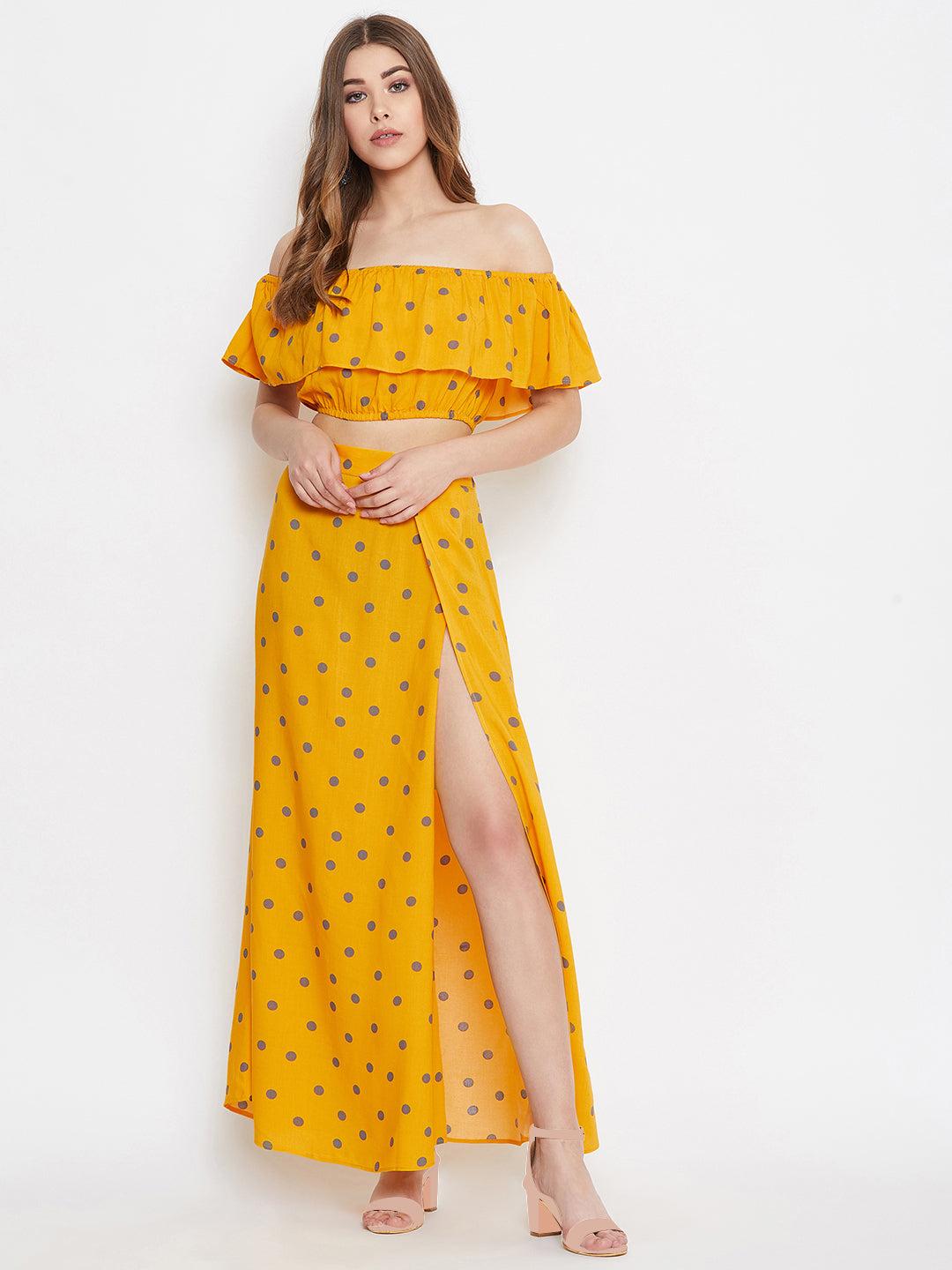 Berrylush Women Yellow Polka Dot Printed Off-Shoulder Co-Ordinate Maxi Dress