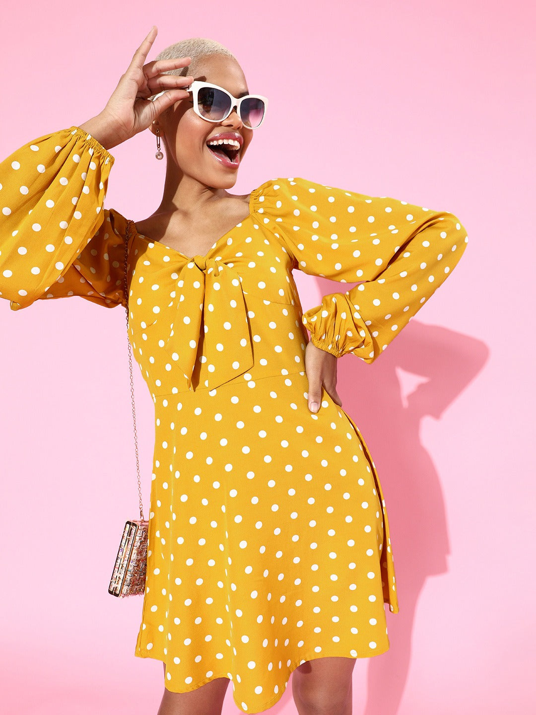 Berrylush Women Yellow Polka Dot Printed Tie-Up Sweetheart Neck Flared A-Line Mini Dress