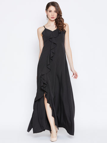 Berrylush Women Solid Black V-Neck Sleeveless Crepe Ruffled Maxi Dress