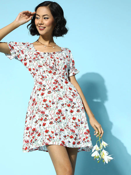 Women White & Red Floral Printed Sweetheart Neck Tie-Up Front Crepe Fit & Flare Mini Dress - Berrylush
