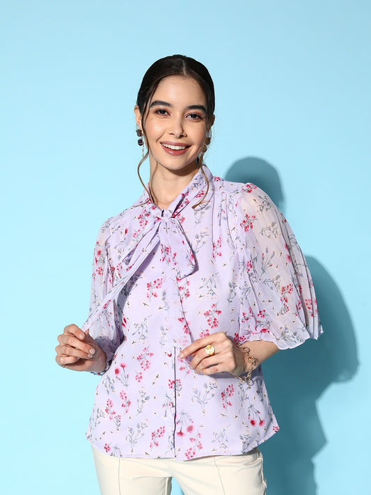 Berrylush Women Lavender & Pink Floral Printed Tie-Up Neck Georgette Lined Shirt Top