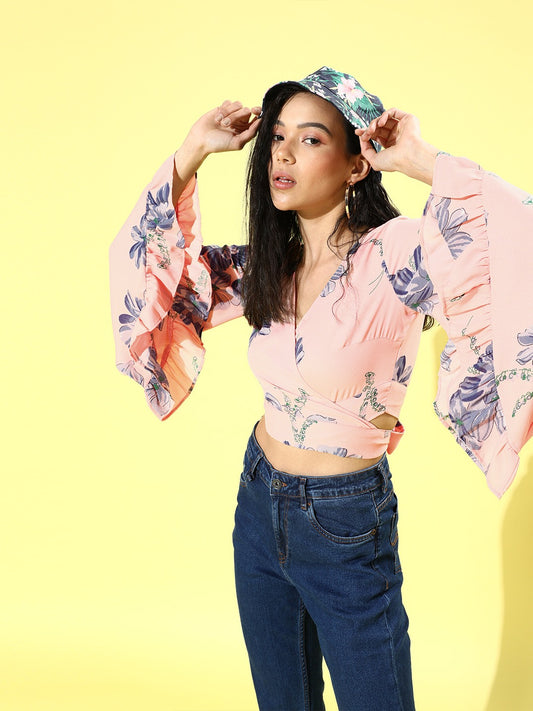 Berrylush Women Peach & Navy Blue Floral Printed V-Neck Waist Tie-Up Wrap Crop Top