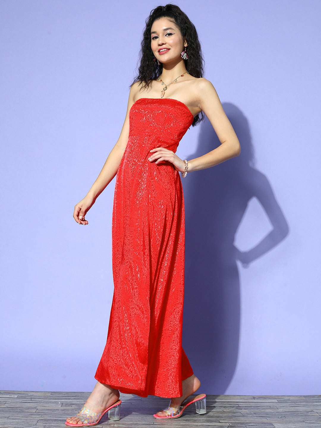 Berrylush Women Red Floral Printed Strapless Neck Jacquard Thigh-High Slit Flared Maxi Gown Dress