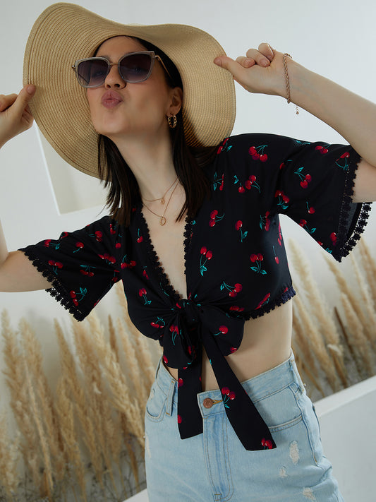 Berrylush Women Black & Red Cherry Printed V-Neck Lace Waist Tie-Up Shirt-Styled Crop Top