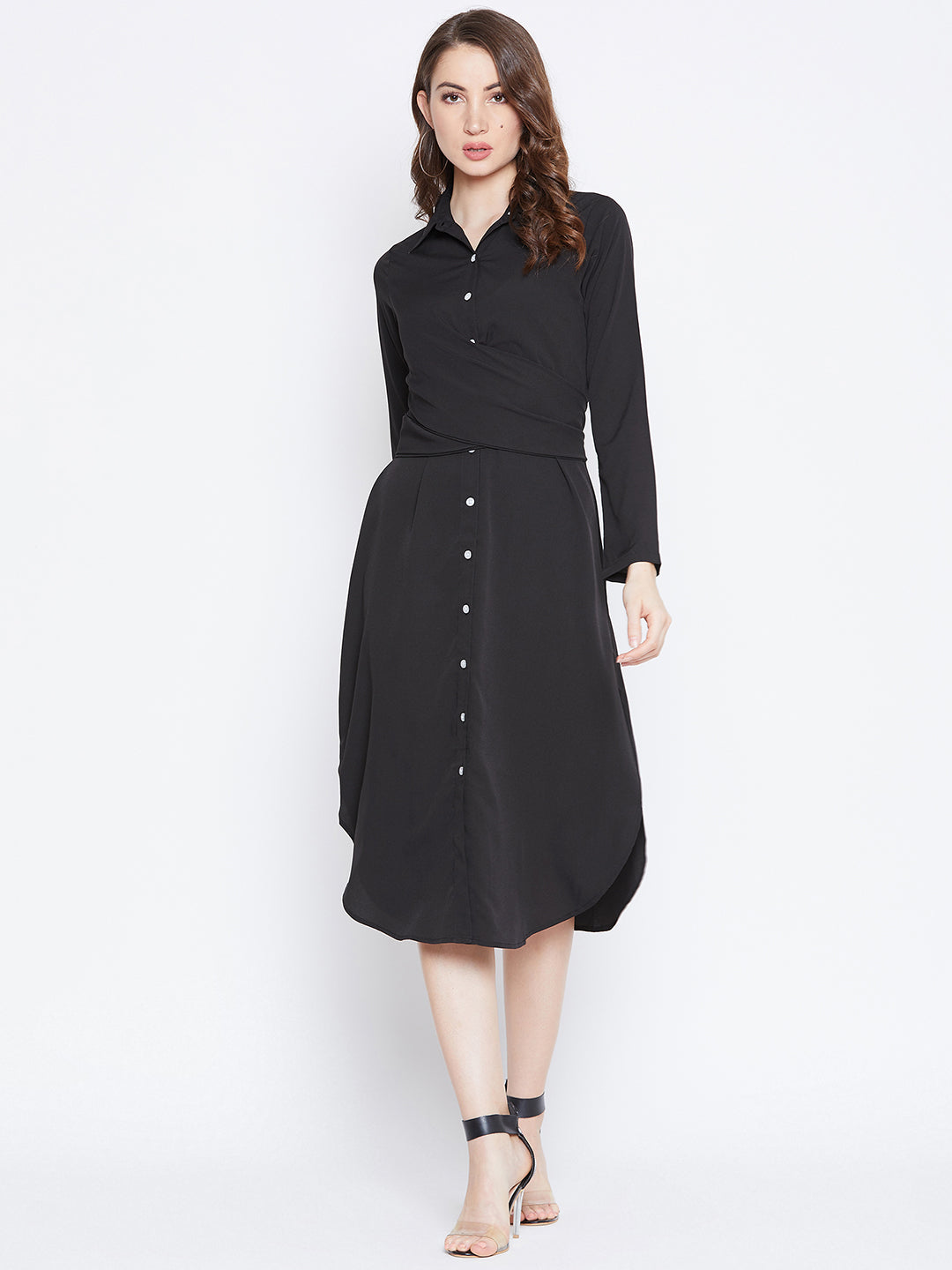 Berrylush Women Solid Black Collared Neck Button-Up Curved Midi Shirt Berrylush Women Solid Black Collared Neck Button-Up Curved Midi Shirt