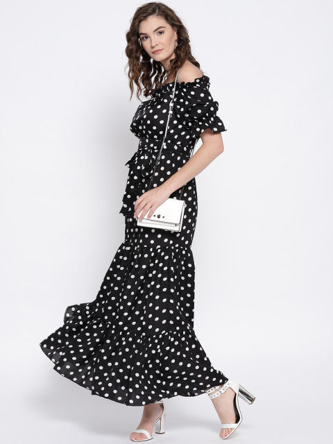 Black & White Polka Dot Off-Shoulder Maxi Dress - Berrylush