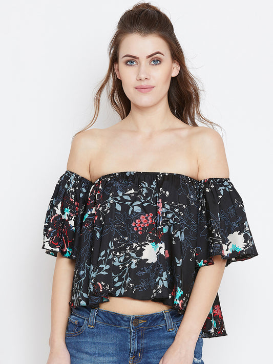 Black Printed Bardot Top - Berrylush
