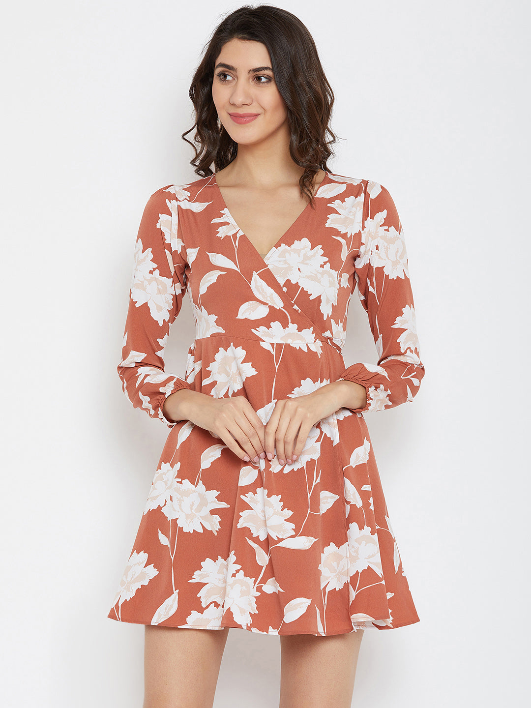 Brown Printed Wrap Dress - Berrylush