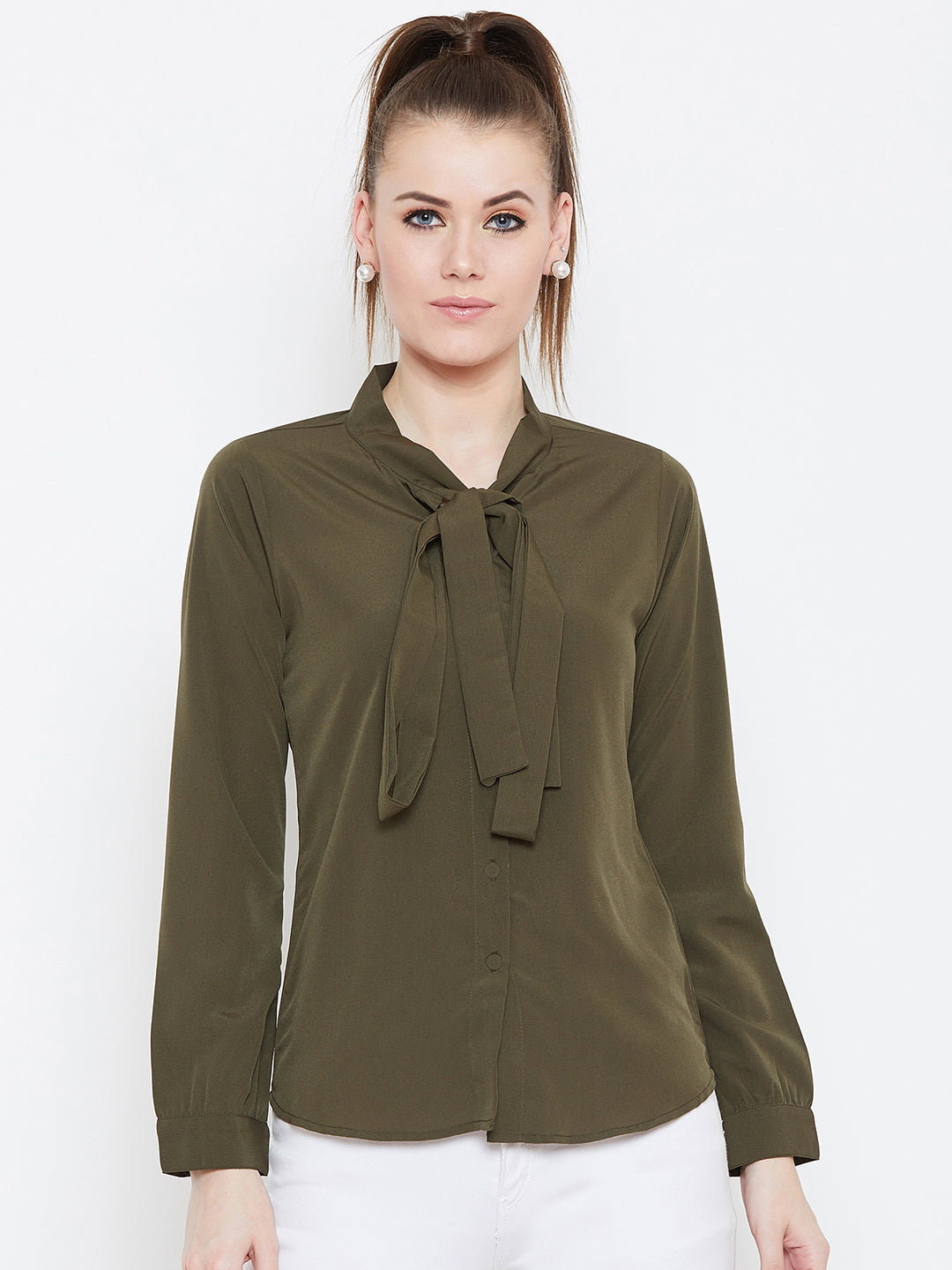Berrylush Women Solid Olive Green Tie-Up Neck Cuffed Sleeves Shirt Style Top
