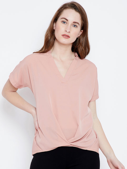 Pink V-neck Solid Top - Berrylush
