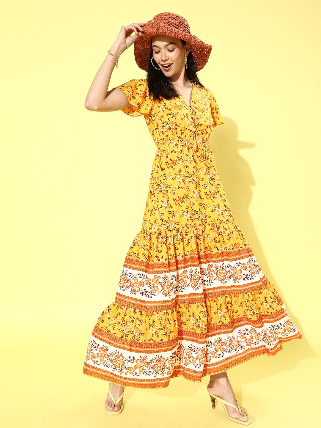 Berrylush Women Yellow Floral Printed V-Neck Grommet Lace-up Ruffled Maxi Dress