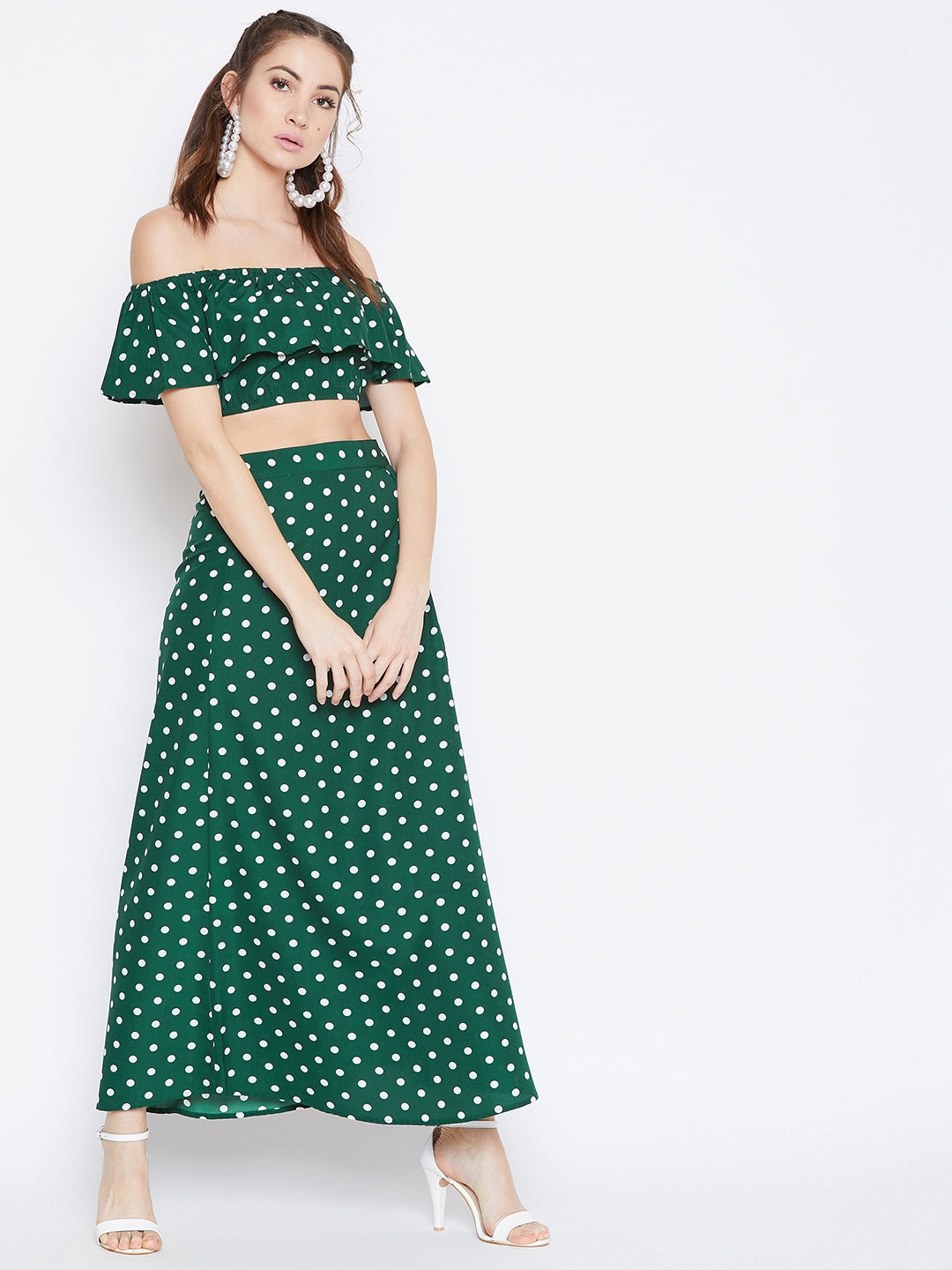 Berrylush Women Green & White Polka Dot Printed Off-Shoulder Co-Ordinate Maxi Dress