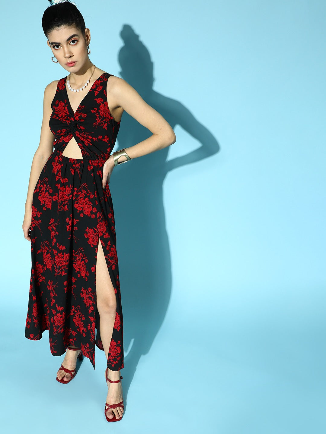 Berrylush Women Black & Red Floral Printed V-Neck Front Cutout Thigh-High Slit Flared A-Line Maxi Dress