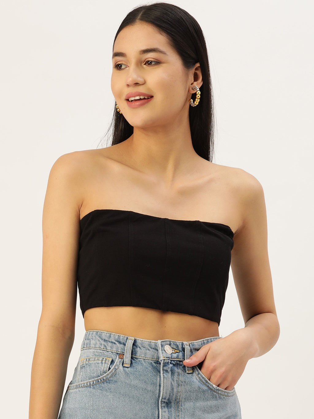 Women Solid Black Strapless Neck Sleeveless Cotton Cropped
