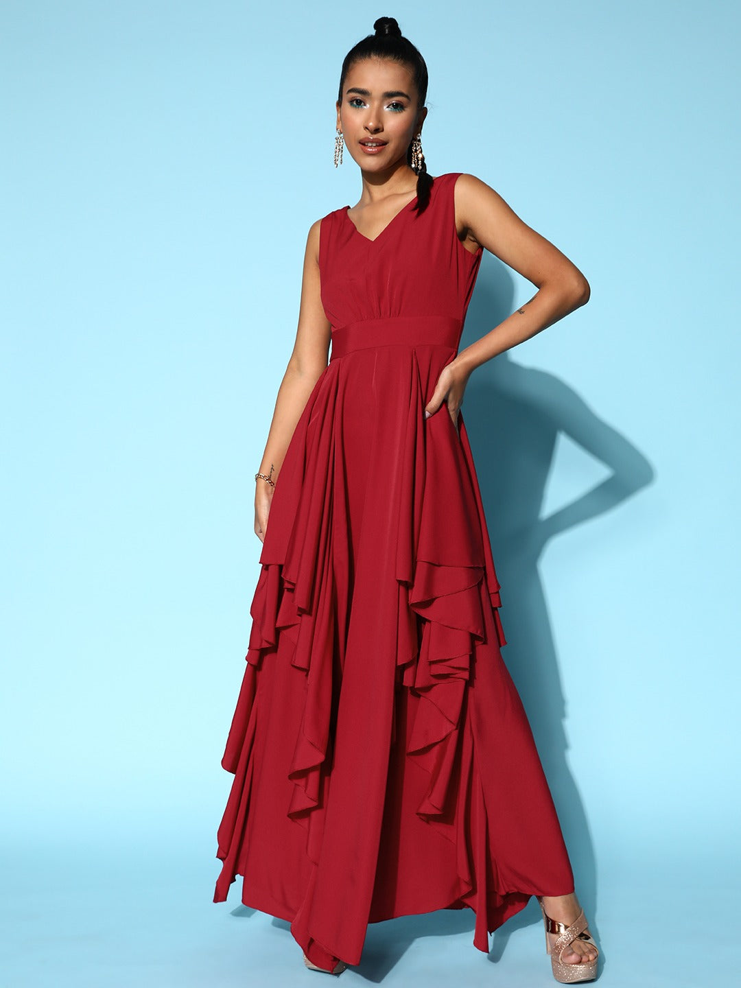 Berrylush Women Solid Red V-Neck Open-Back Crepe Layered Maxi Dress