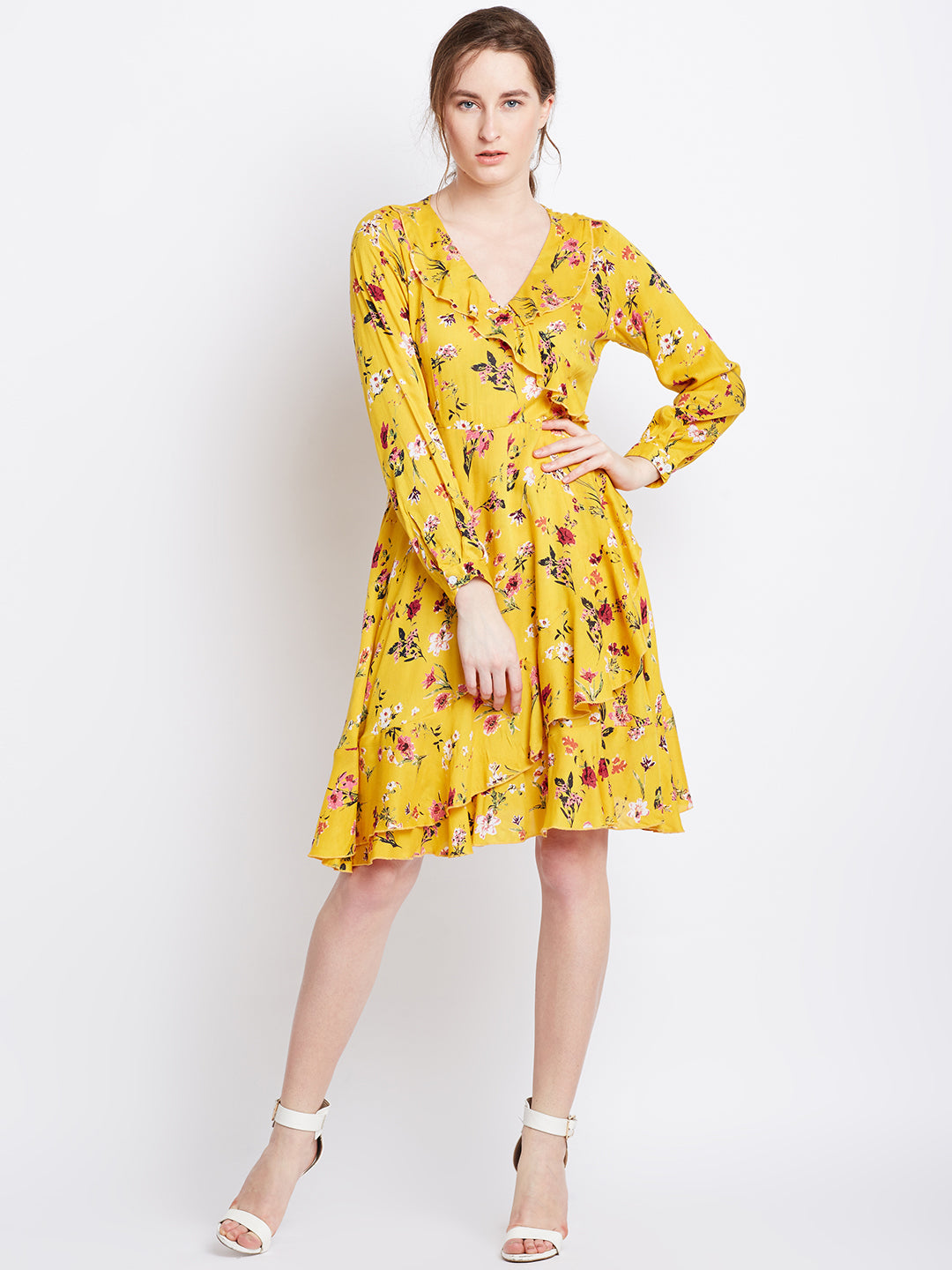 Yellow Printed Fit and Flare Dress - Berrylush