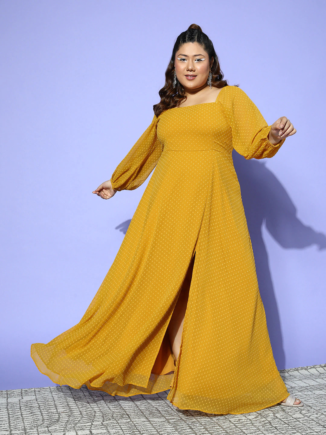 Women Plus Size Solid Mustard Yellow Dobby Weave Square Neck Thigh-High ...