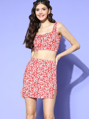 Women Red & White Floral Printed Square Neck Crop Top and Mini Skirt Co-Ord  Set - Berrylush