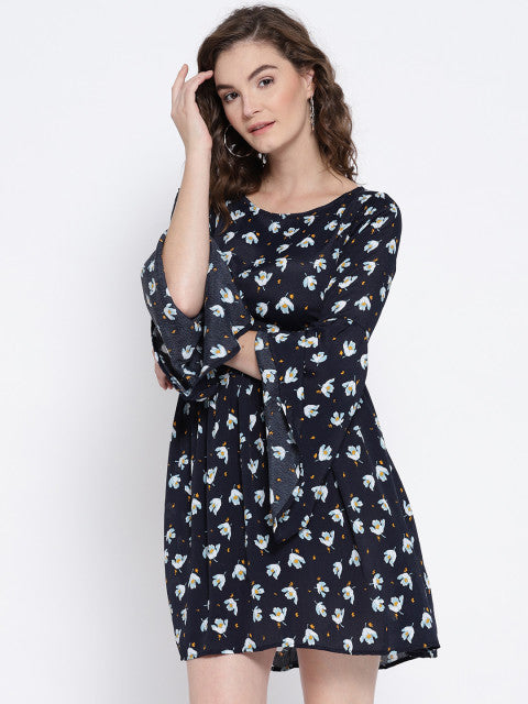 Navy Blue Printed Fit and Flare Dress - Berrylush