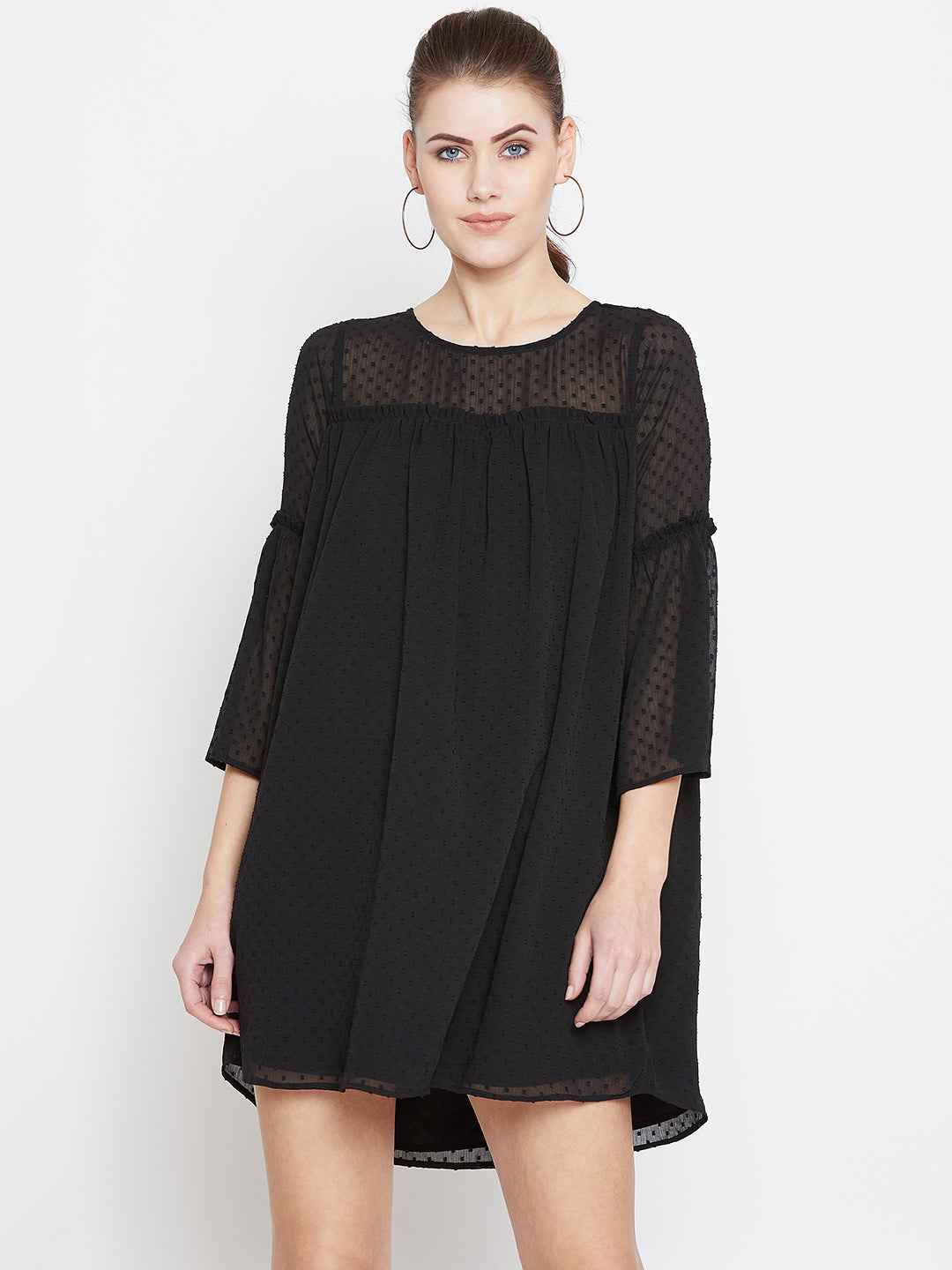 Berrylush Women Black Self-Design Round-Neck High-Low Hem A-Line Mini Dress