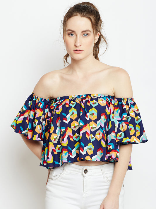Navy Blue Printed Bardot Top - Berrylush