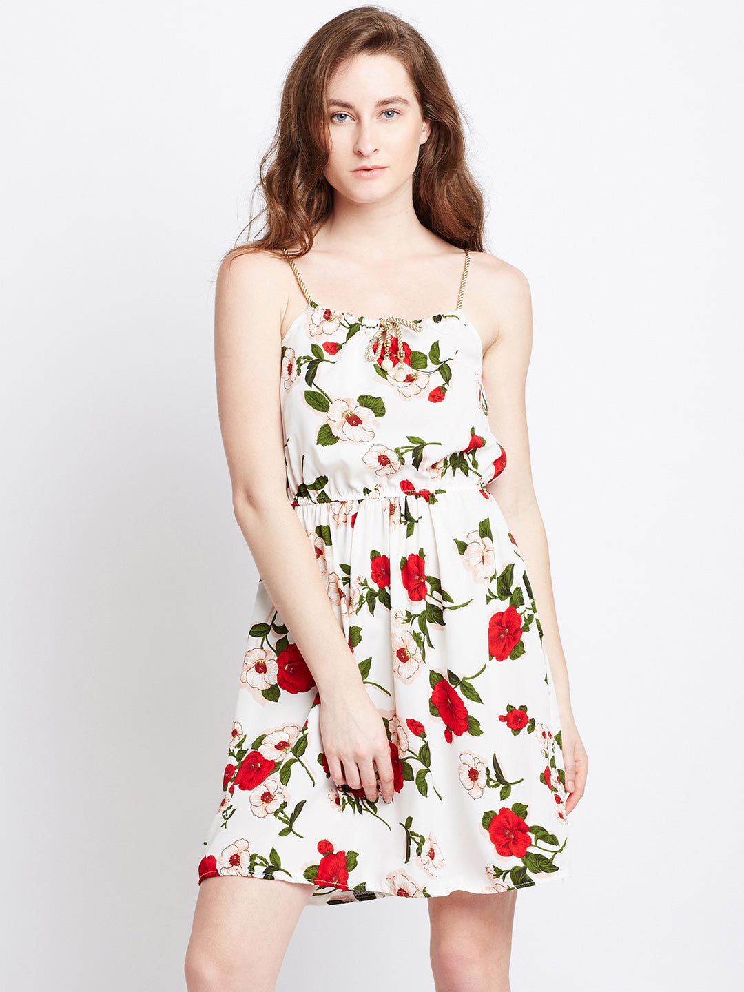 Berrylush Women White & Red Floral Printed Square Neck Drawstring Fit & Flare Mini Dress