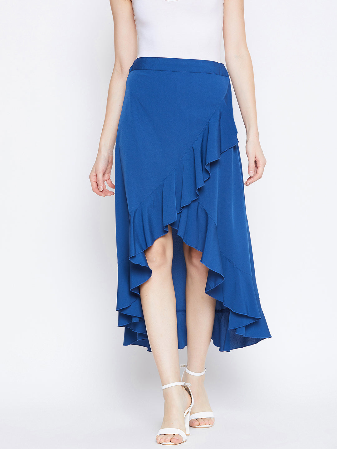 Berrylush Women Solid Blue Asymmetrical Hem Crepe Ruffled Wrap Midi Skirt