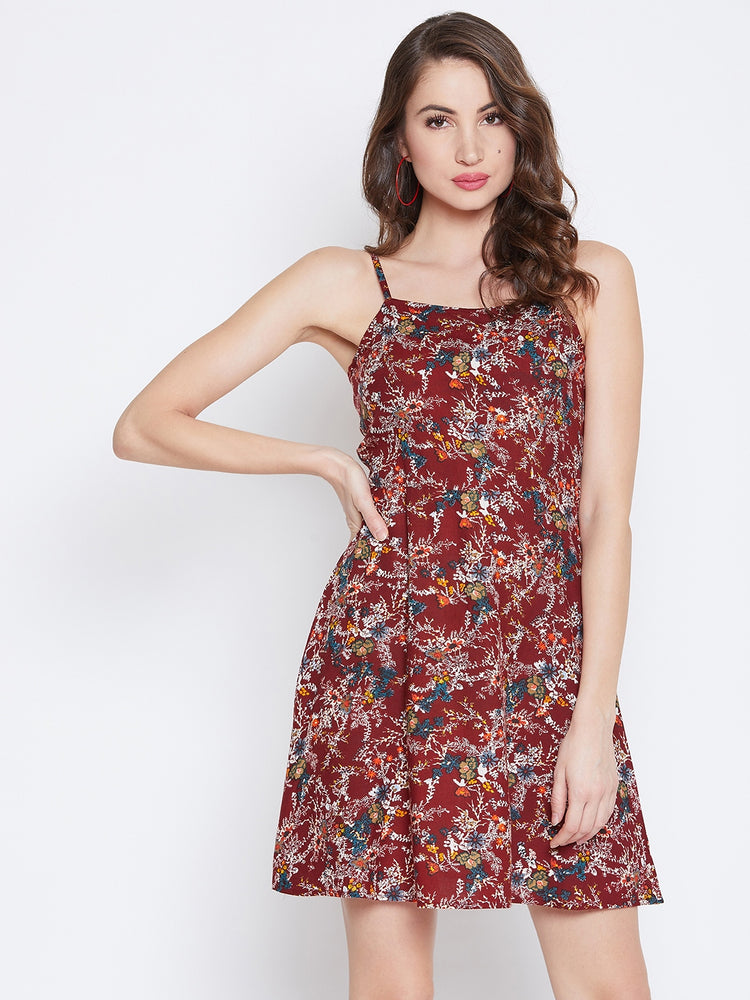 Berrylush Women Maroon & White Floral Printed Square Neck Fit & Flare