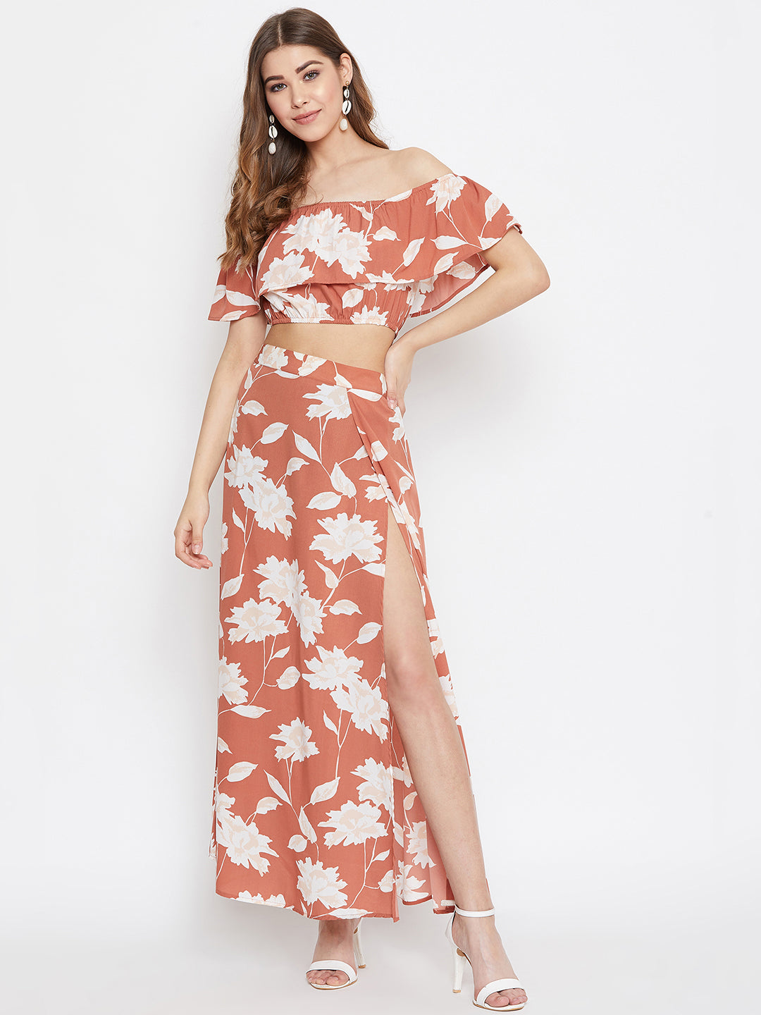Berrylush Women Brown Floral Printed Off-Shoulder Co-Ordinate Maxi Dress