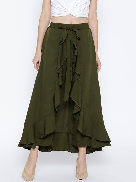Olive Green Solid Ruffled Flared Maxi Skirt with Attached Trousers - Berrylush