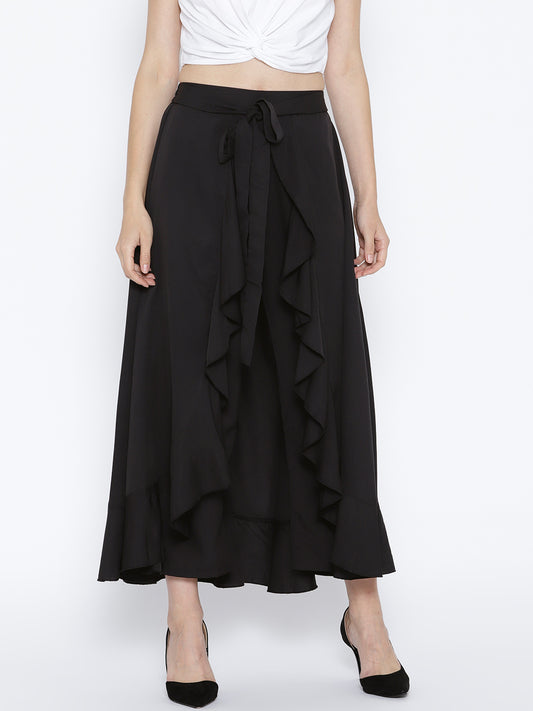 Black Solid Ruffled Flared Maxi Skirt with Attached Trousers - Berrylush