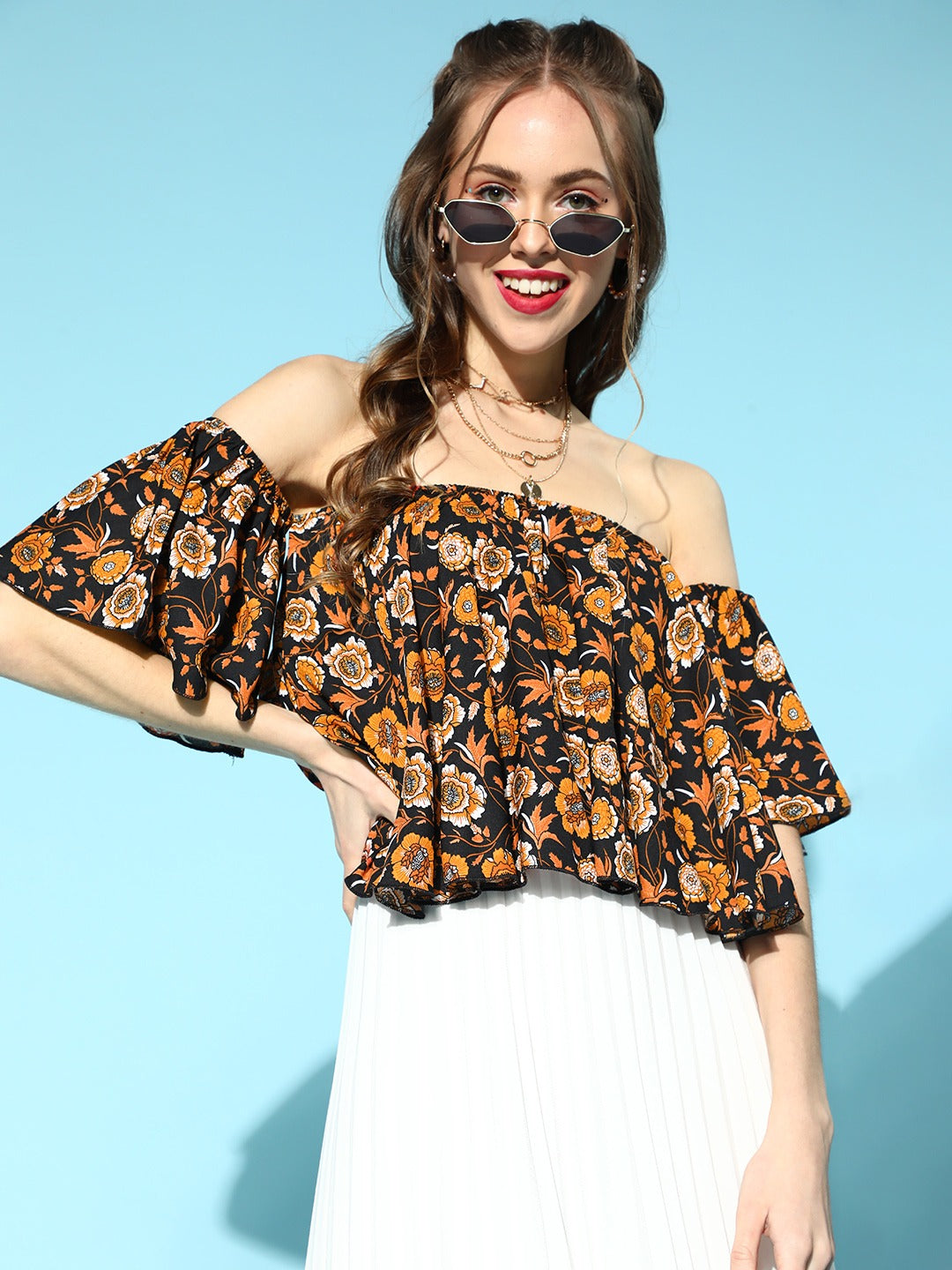 Berrylush Women Black Mustard Yellow Floral Printed Off-Shoulder Nec