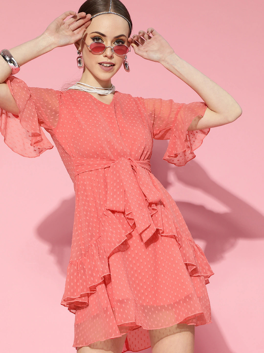 Berrylush Women Pink Ruffled Front Knot Layered Mini Dress