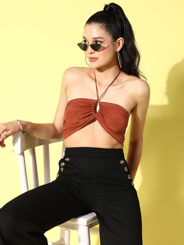 Women Solid Brown Off Shoulder Neck Front Cutout Satin Bralette