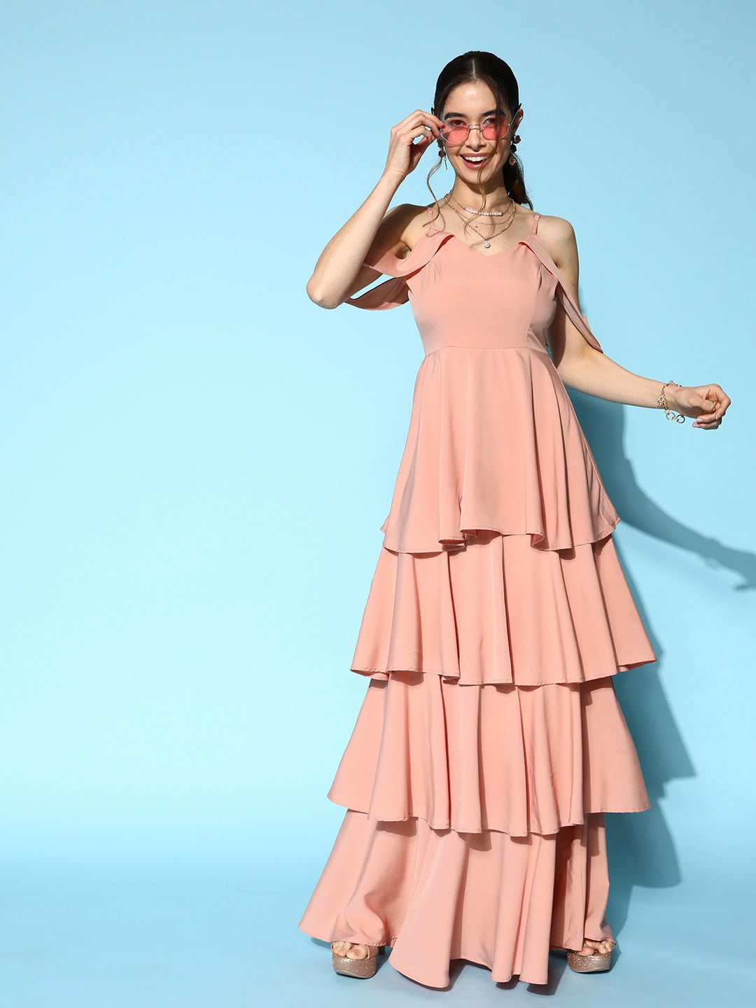 Berrylush Women Solid Light Pink V-Neck Cold-Shoulder Flounce Hem Layered A-Line Maxi Dress