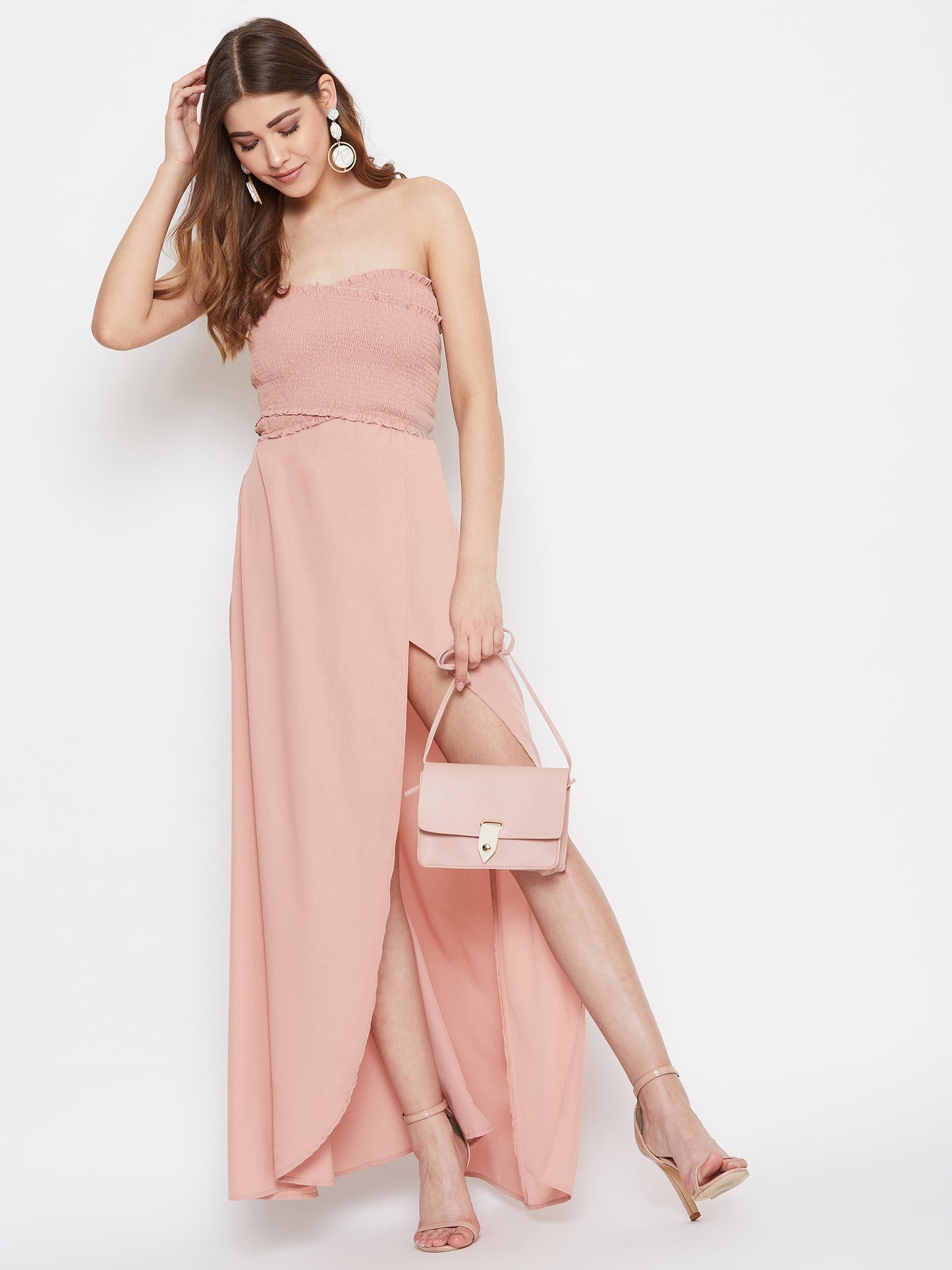 Berrylush Women Solid Pink Strapless-Neck Smocked Fit & Flare Maxi Dress