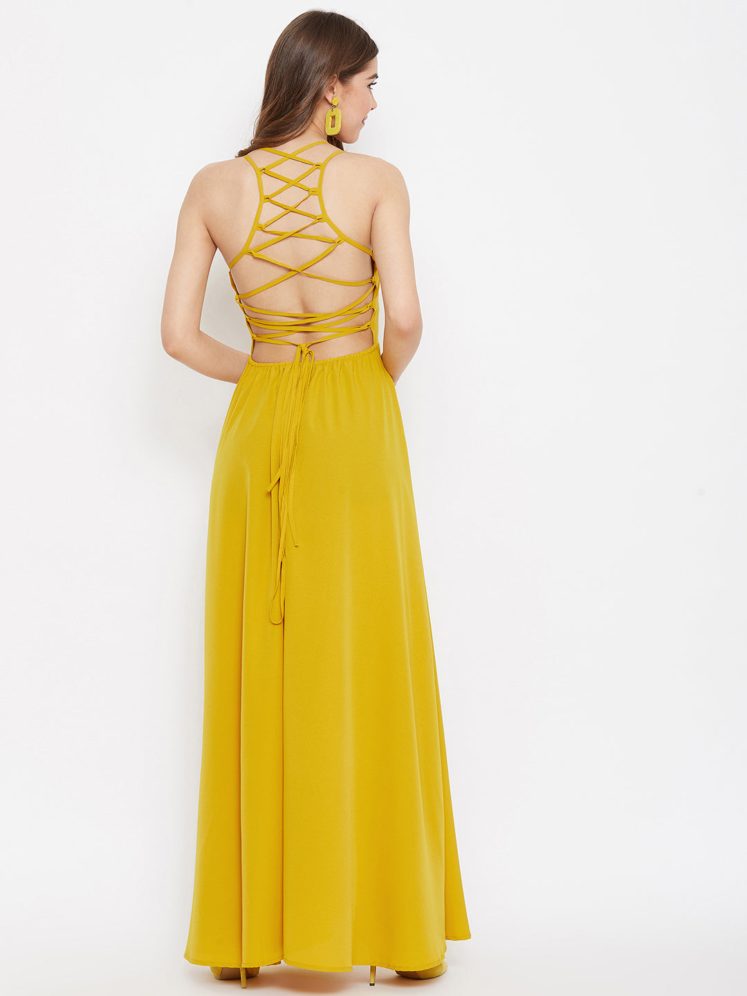 Berrylush Women Solid Mustard Yellow Halter Neck Caged Back Maxi Dress