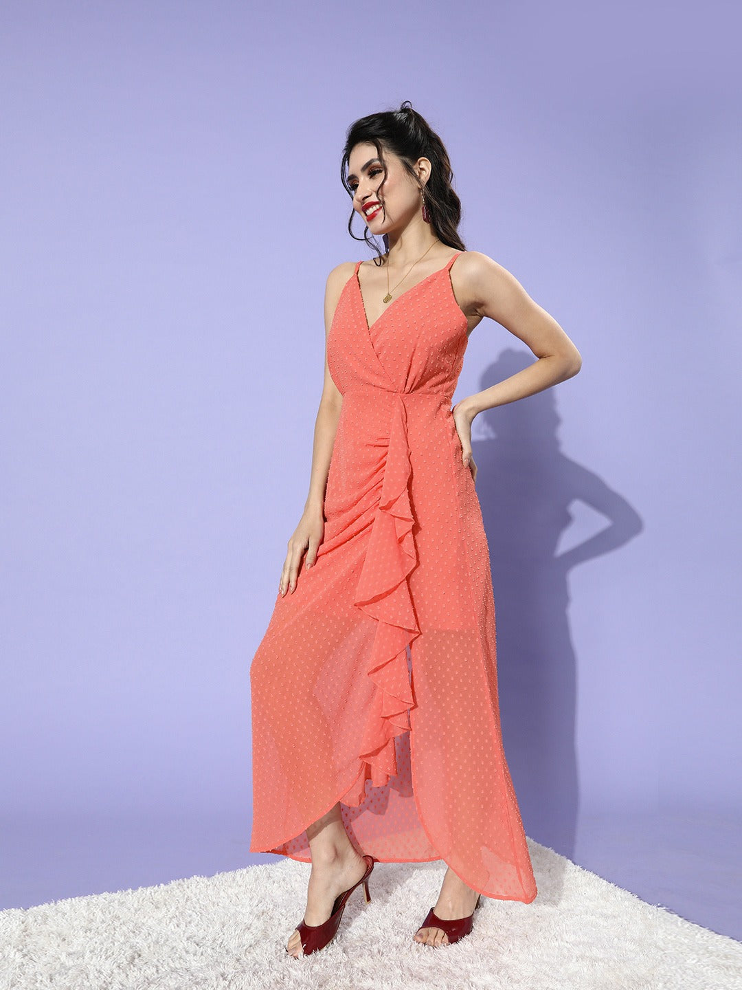 Berrylush Women Peach Self-Design Pattern Crepe A-Line Midi Dress