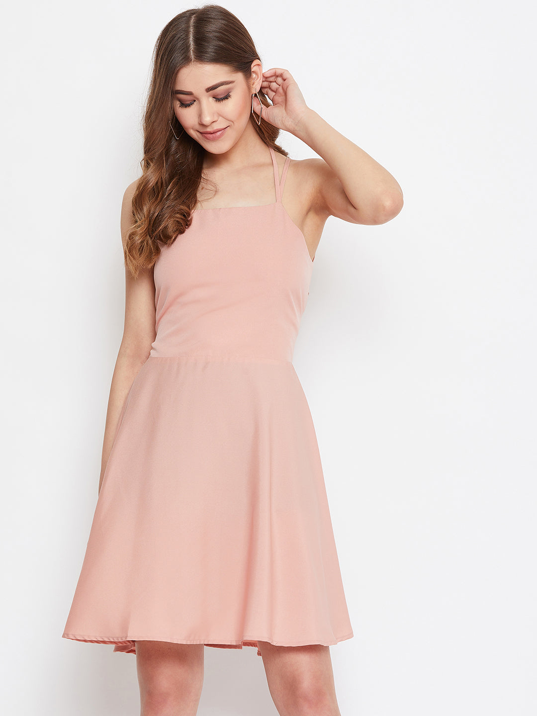 Berrylush Women Solid Pink Square-Neck Caged Back Tie-Up Fit & Flare Mini Dress