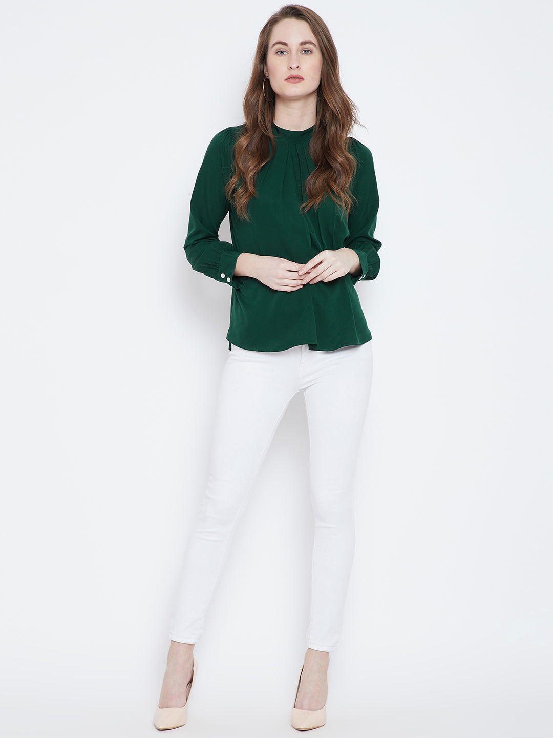 Green Solid Pleated Top - Berrylush