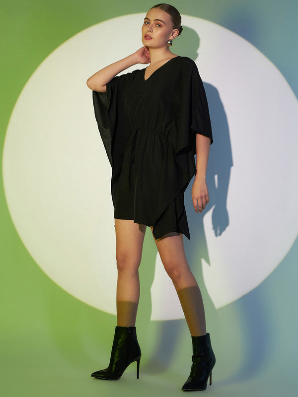 Women Solid Black V-Neck Cape Sleeves Tie-Up Keyhole Back Straight