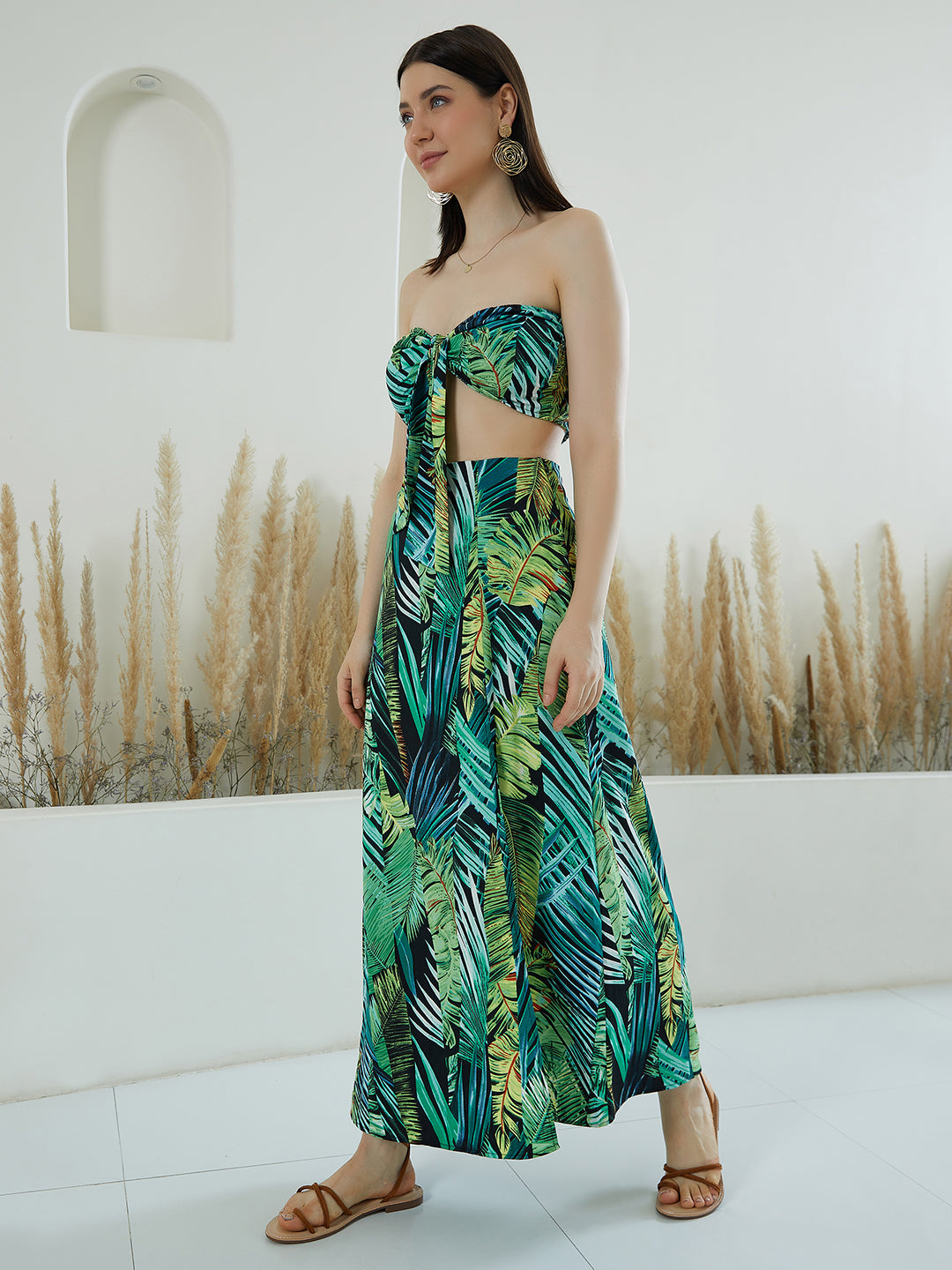 Berrylush Women Green & Black Floral Printed Strapless Neck Thigh-High Slit Crop Top & Maxi Skirt Co-Ordinate Set