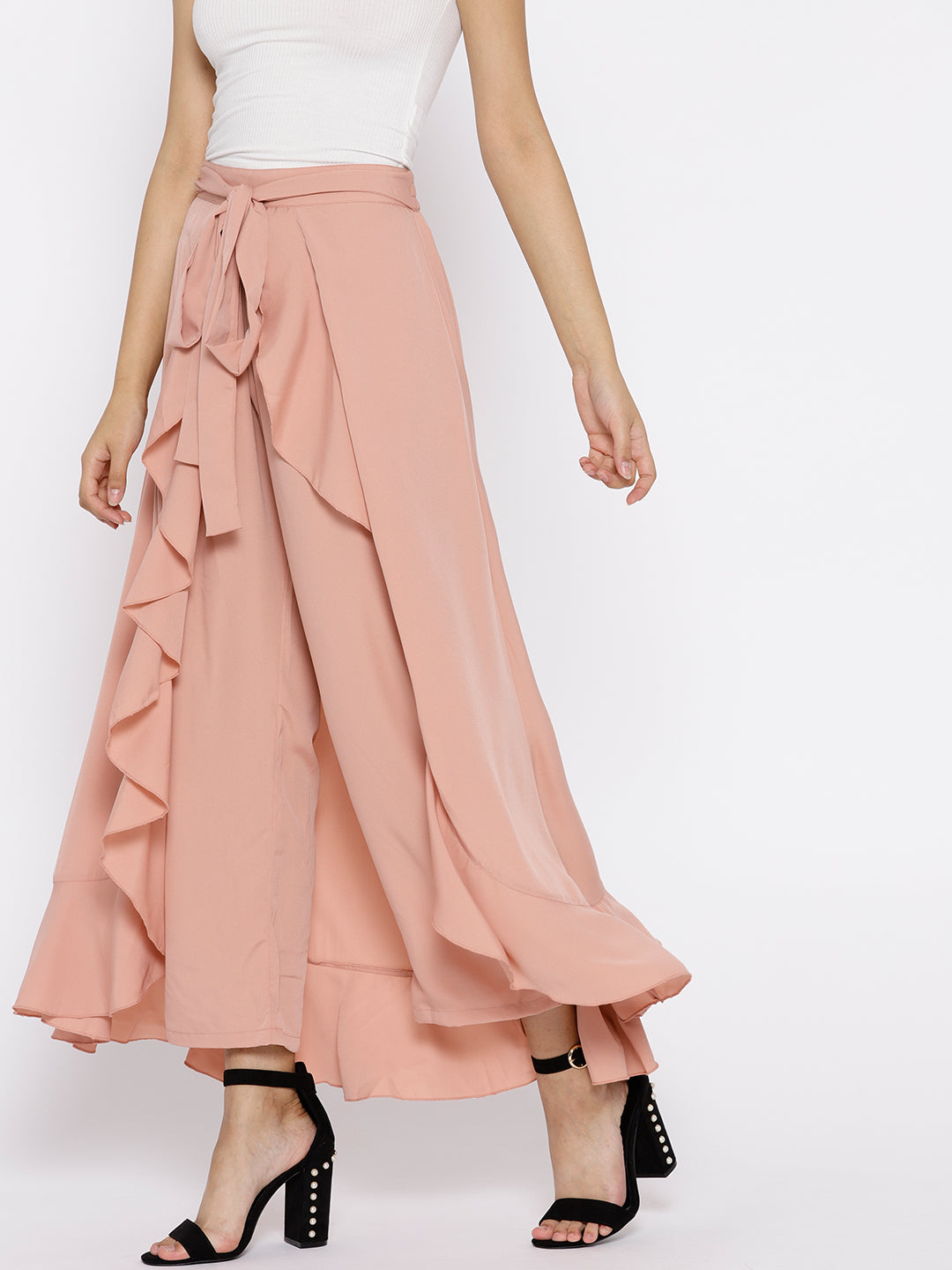 Dusty Pink Solid Ruffled Maxi Skirt with Attached Trousers - Berrylush