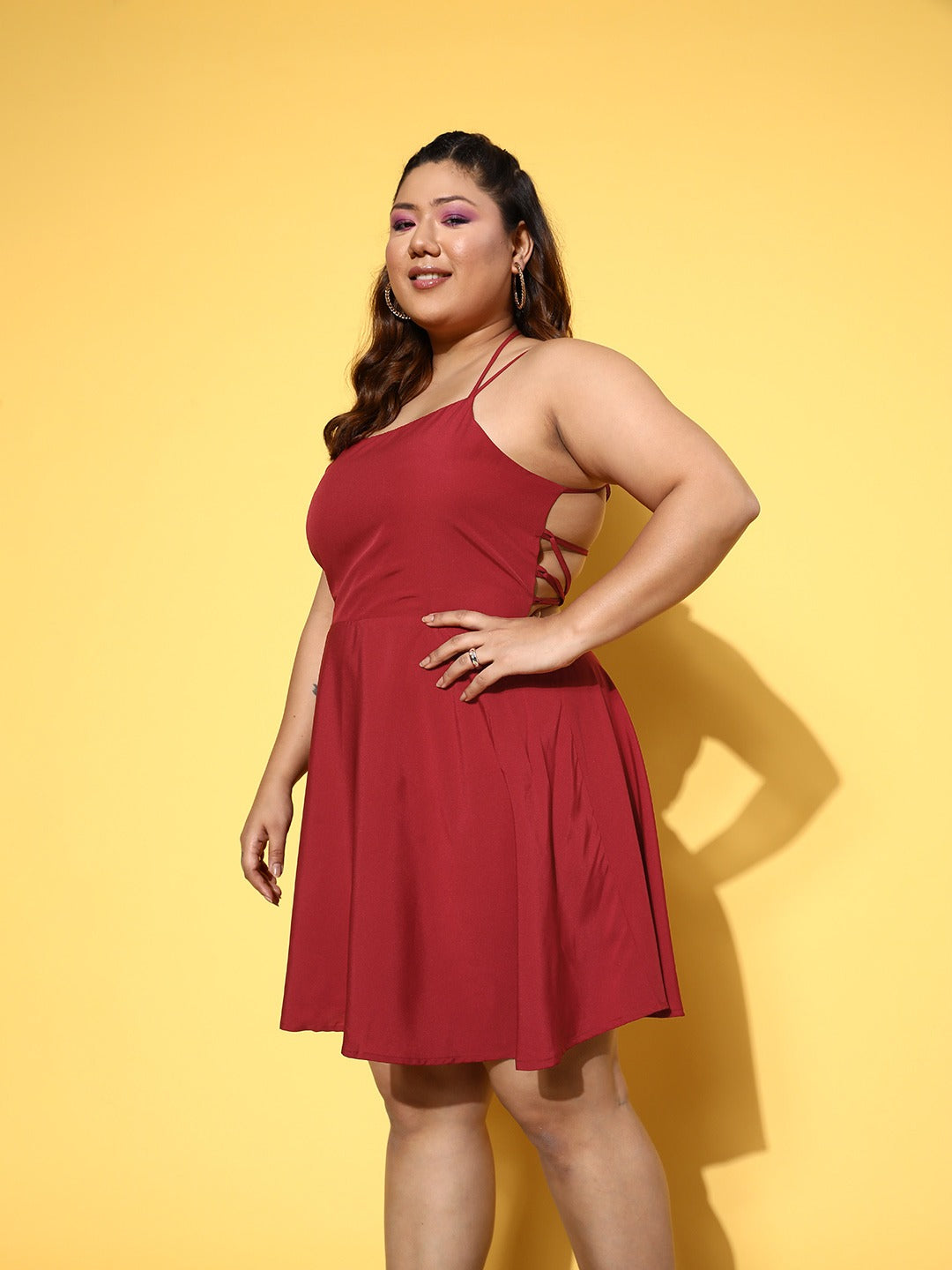 Women Plus Size Solid Red Square Neck Tie-Up Caged Back Crepe Fit