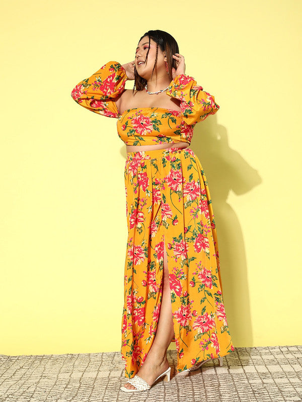 Women Plus Size Yellow Red Floral Printed Off-Shoulder Neck Crop