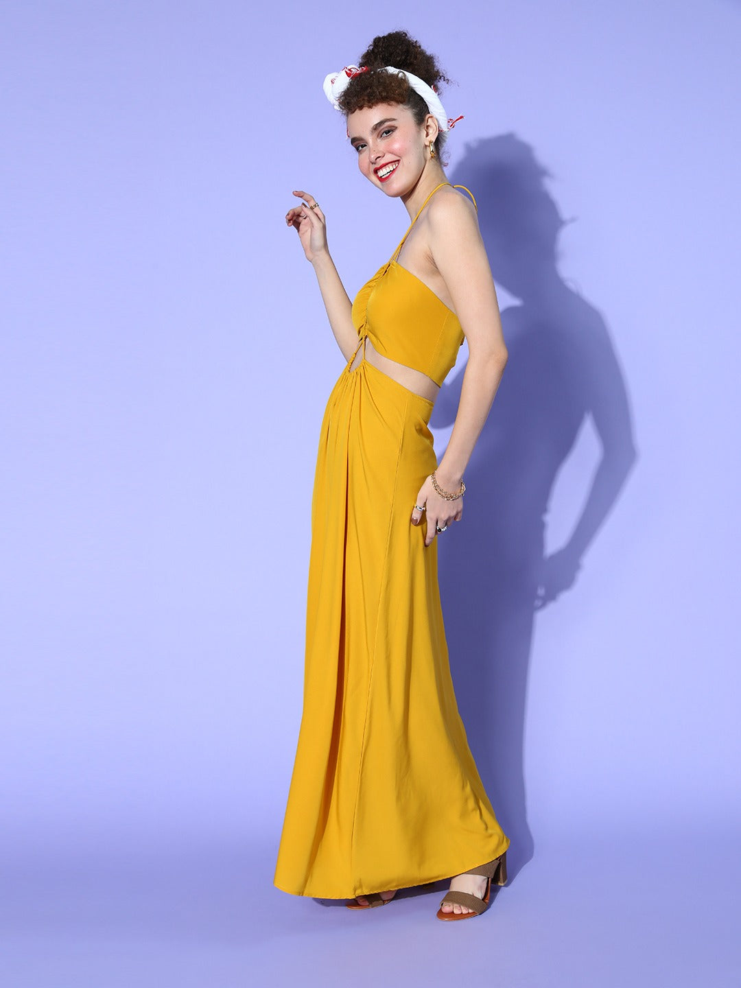 Berrylush Women Solid Mustard Yellow Halter Neck Front Cutout Crepe Flared Maxi Dress