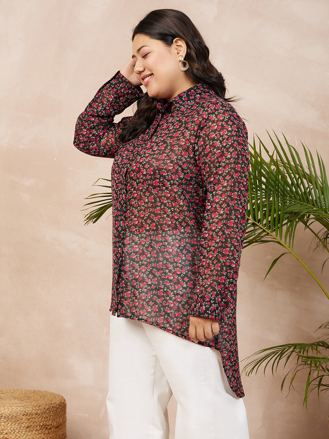 Women Plus Size Black Red Floral Printed Collar Neck Button-Up